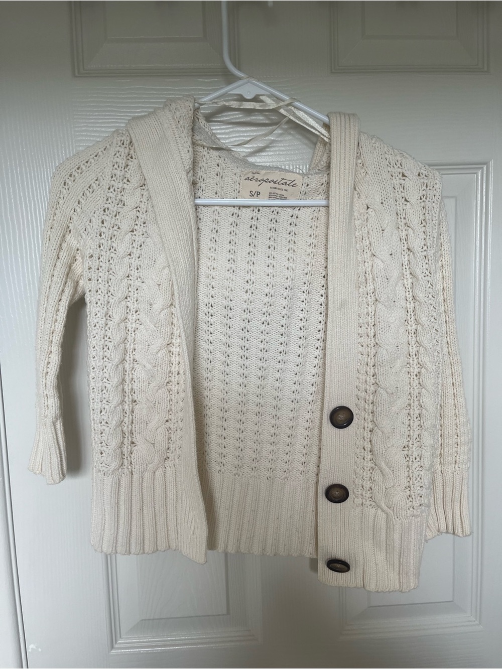 Aeropostale Cream Cable-Knit Hooded Cardigan with Wooden Buttons